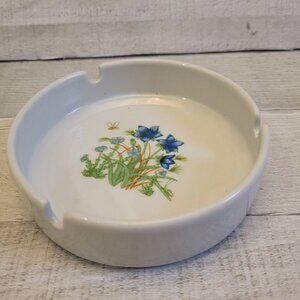 Vintage Ceramic Ashtray With Floral Design & Bee Motif White & Blue 5 Inches Dia